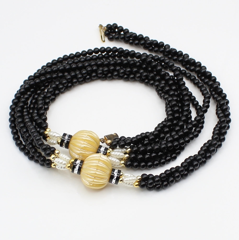 Vintage Black Bead And Faux Pearl Necklace